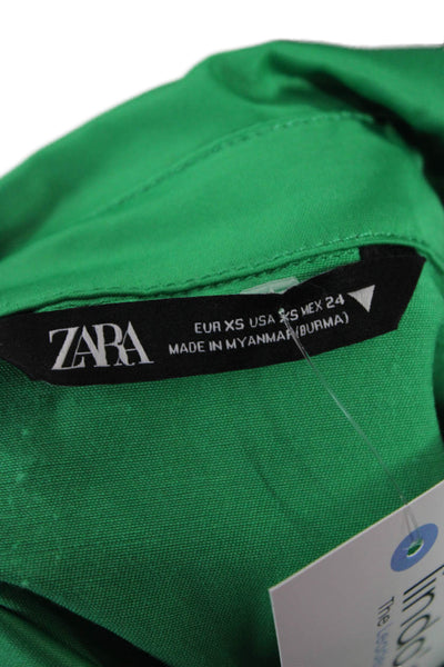 Zara Women Green Collared Long Sleeve Button-Up Top Size XS