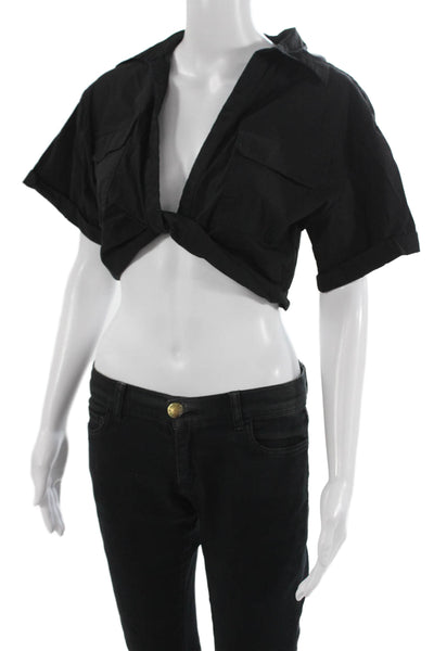 Zara Womens Cropped Black V Neck Short Sleeve Blouse Size XS