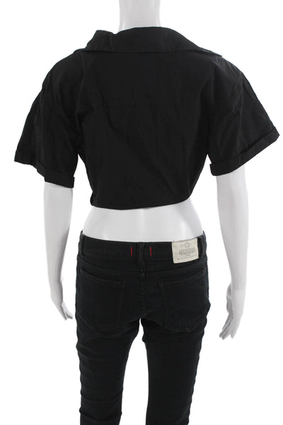 Zara Womens Cropped Black V Neck Short Sleeve Blouse Size XS