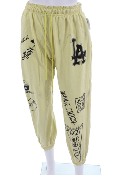 Maybe Crazy Womens Drawstring Graphic Print Jogger Sweatpants Yellow Size XS