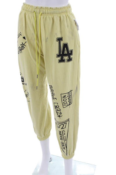 Maybe Crazy Womens Drawstring Graphic Print Jogger Sweatpants Yellow Size XS