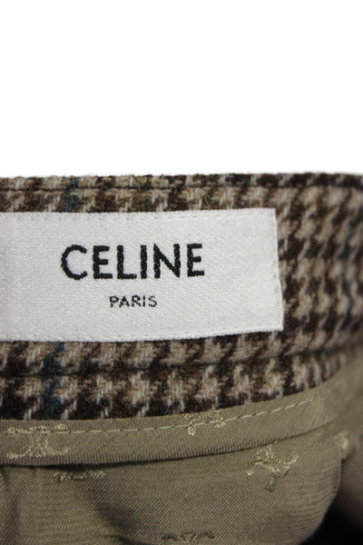 Celine Womens 100% Wool Check Pants Brown Midi Hook Eye Size 36