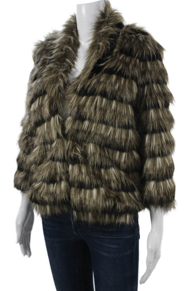 Heartloom Women Brown Striped V-Neck Petite Sheepskin Jacket Size XS