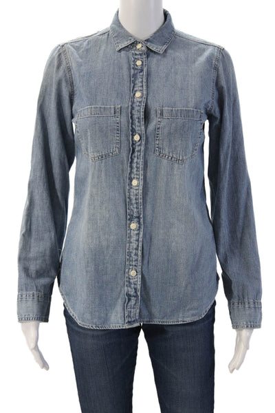 J Crew Women Basic Button-Up Blue 100% Cotton Collared Long Sleeve Size 0