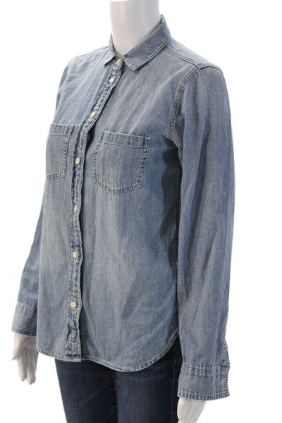 J Crew Women Basic Button-Up Blue 100% Cotton Collared Long Sleeve Size 0