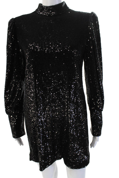 ALC Women Black Mini Shift Dress Long Sleeve Mock Neck Zip Size 8