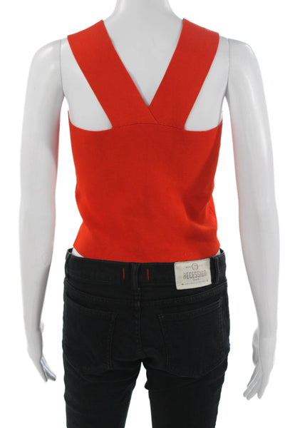 ALC Women Cropped Sleeveless Tank Red Square Neck Button Rayon Blend Size M