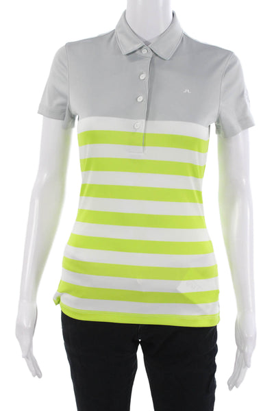 J. Lindeberg Womens Gray Striped Jersey Polo Collared Short Sleeve Size S