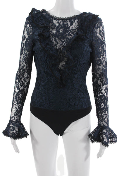 Alexis Women Blue Lace Boat Neck Long Sleeve Bodysuit Size XS