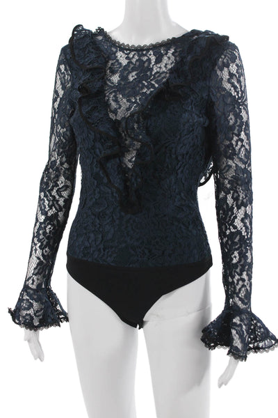 Alexis Women Blue Lace Boat Neck Long Sleeve Bodysuit Size XS