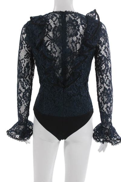 Alexis Women Blue Lace Boat Neck Long Sleeve Bodysuit Size XS