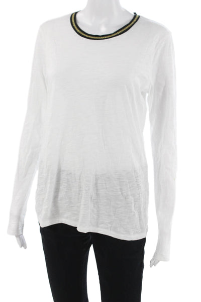 Goldie Women Ringer T-Shirt White Pima Cotton Crew Neck Long Sleeve Size L