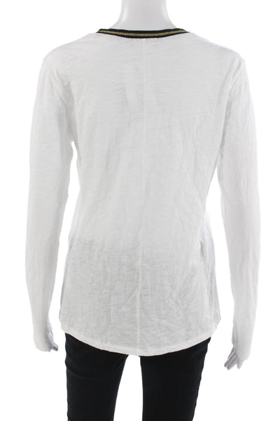 Goldie Women Ringer T-Shirt White Pima Cotton Crew Neck Long Sleeve Size L