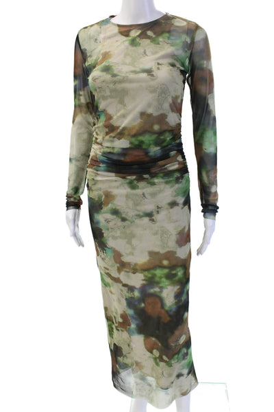Zara Women Bodycon Maxi Dress Green Camouflage Long Sleeve Crew Neck Size XS
