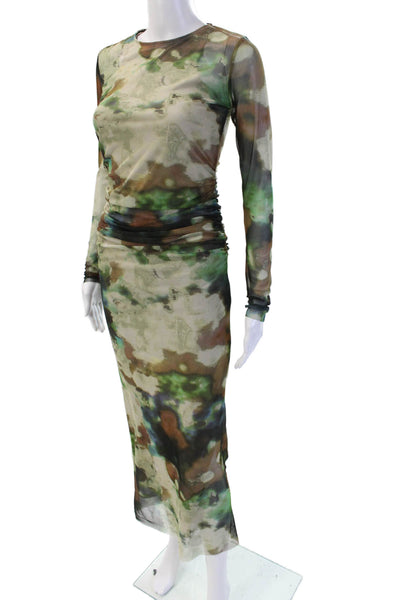 Zara Women Bodycon Maxi Dress Green Camouflage Long Sleeve Crew Neck Size XS