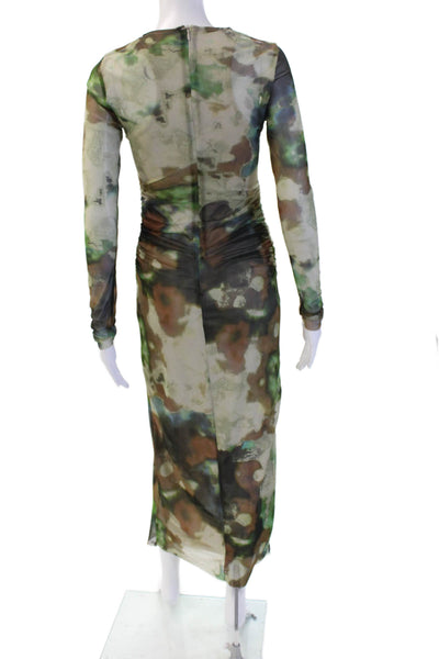 Zara Women Bodycon Maxi Dress Green Camouflage Long Sleeve Crew Neck Size XS