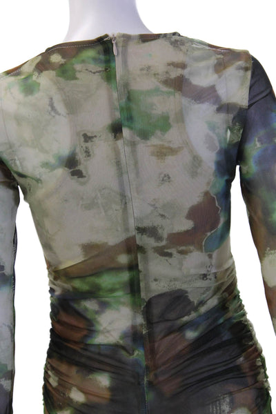 Zara Women Bodycon Maxi Dress Green Camouflage Long Sleeve Crew Neck Size XS
