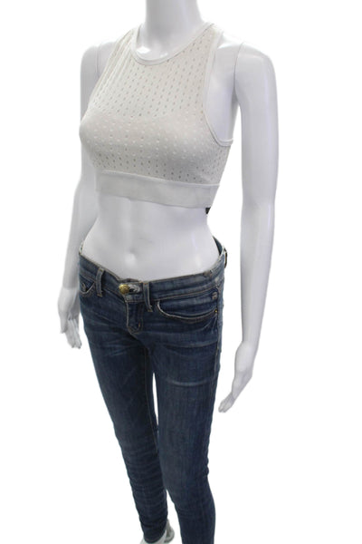 ALALA Womens Laser Cut Crew Neck Sleeveless Sports Bra White Size S