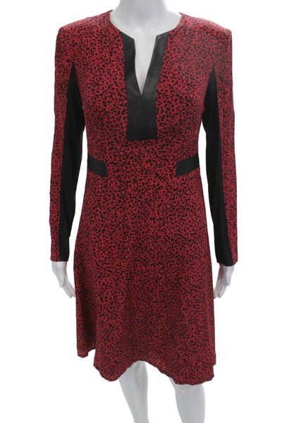 Nanette Lepore Women A-Line Dress Red Animal Print V-Neck Long Sleeve Size 6