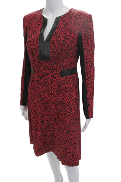 Nanette Lepore Women A-Line Dress Red Animal Print V-Neck Long Sleeve Size 6