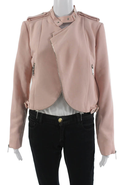 philosophy Womens Biker Jacket Pink Buckle High Neck Long Sleeve Size 4