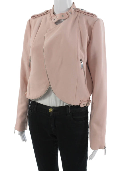 philosophy Womens Biker Jacket Pink Buckle High Neck Long Sleeve Size 4