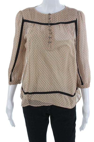 Moncollet Womens Tunic Silk Beige Aztec Round Neck 3/4 Sleeve Size 4