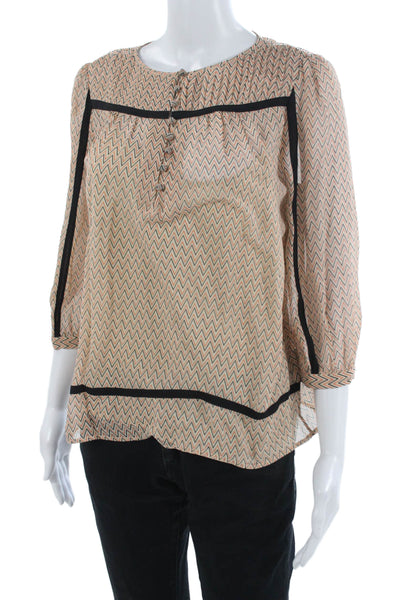 Moncollet Womens Tunic Silk Beige Aztec Round Neck 3/4 Sleeve Size 4