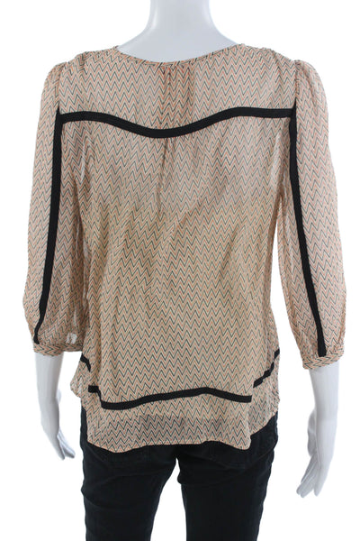 Moncollet Womens Tunic Silk Beige Aztec Round Neck 3/4 Sleeve Size 4
