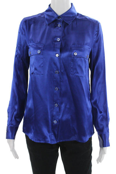 Magaschoni Women Silk Collared Button Up Blouse Blue Long Sleeve Size S