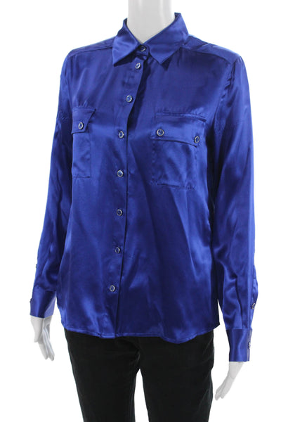 Magaschoni Women Silk Collared Button Up Blouse Blue Long Sleeve Size S