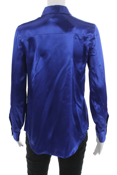Magaschoni Women Silk Collared Button Up Blouse Blue Long Sleeve Size S