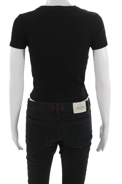 Michael Stars Womens Black Cropped Cotton Crewneck T-Shirt Short Sleeve Size S