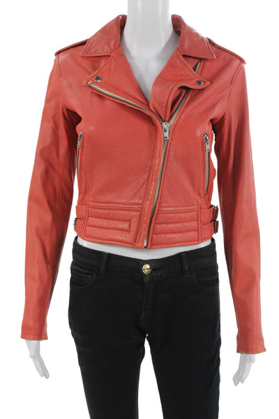 IRO Women Biker Lamb Leather Jacket Orange Buckle Collared Long Sleeve Size 38