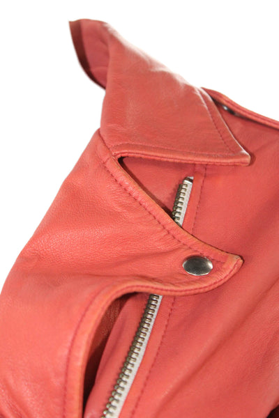 IRO Women Biker Lamb Leather Jacket Orange Buckle Collared Long Sleeve Size 38