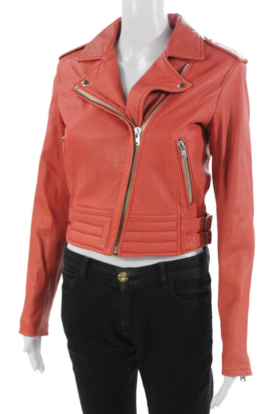 IRO Women Biker Lamb Leather Jacket Orange Buckle Collared Long Sleeve Size 38