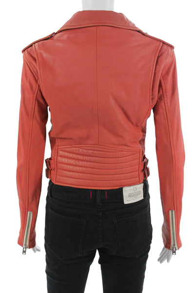 IRO Women Biker Lamb Leather Jacket Orange Buckle Collared Long Sleeve Size 38