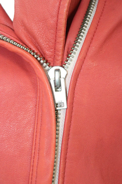 IRO Women Biker Lamb Leather Jacket Orange Buckle Collared Long Sleeve Size 38