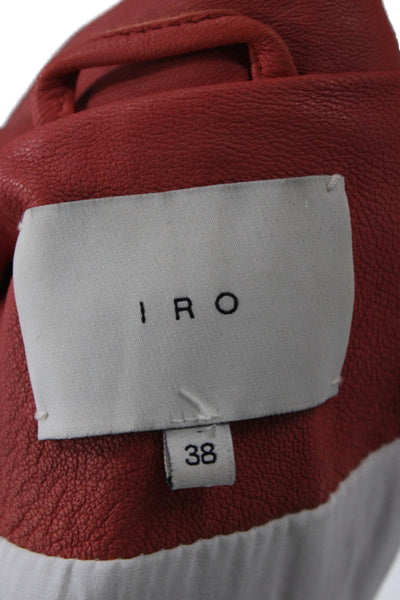 IRO Women Biker Lamb Leather Jacket Orange Buckle Collared Long Sleeve Size 38
