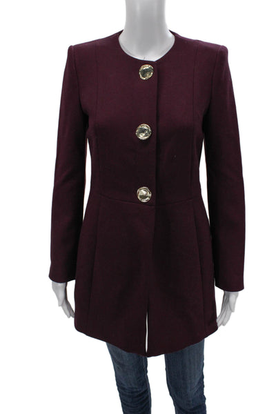 Zara Women Overcoat Purple Button Long Sleeve Round Neck 100% Polyester Size M