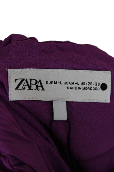 Zara Women Purple Viscose Long Sleeve Solid Drawstring Blouse Size M