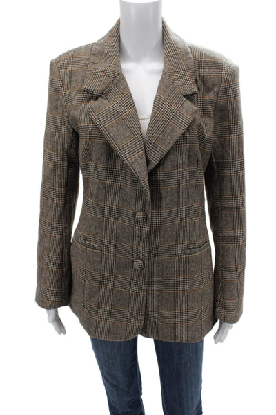 Aqua Women Brown Plaid Collared Button Blazer Wool Blend Long Sleeve Size S