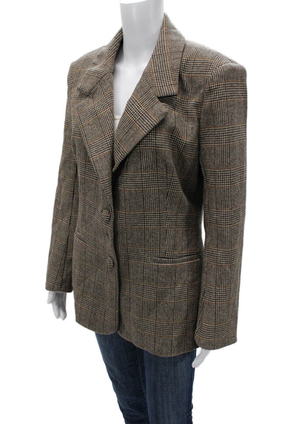 Aqua Women Brown Plaid Collared Button Blazer Wool Blend Long Sleeve Size S