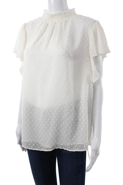 1 State Women White Polka Dot Short Sleeve Mock Neck Blouse Polyester Size 1X
