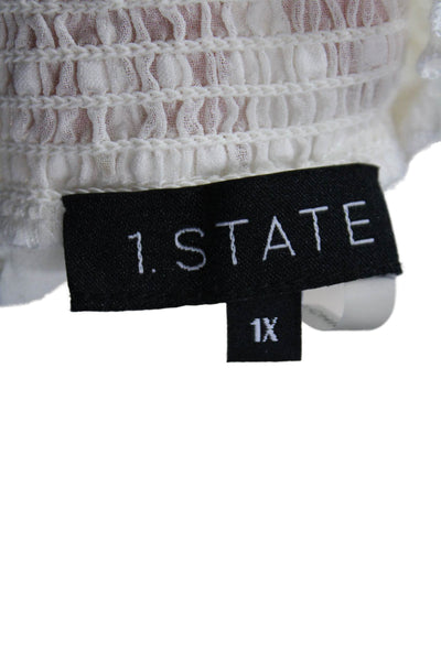 1 State Women White Polka Dot Short Sleeve Mock Neck Blouse Polyester Size 1X