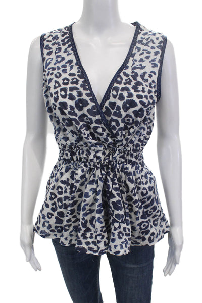 Sportmax Code Womens Sleeveless V-Neck Leopard Cotton Blouse Blue Size 10