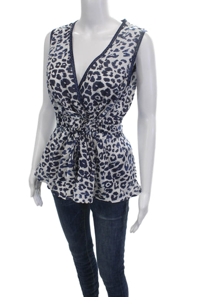 Sportmax Code Womens Sleeveless V-Neck Leopard Cotton Blouse Blue Size 10
