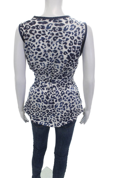 Sportmax Code Womens Sleeveless V-Neck Leopard Cotton Blouse Blue Size 10