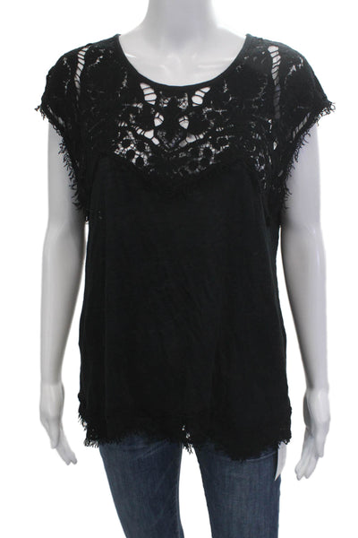 Generation Love Women Black Bohemian Short Sleeve Blouse Round Neck Size L