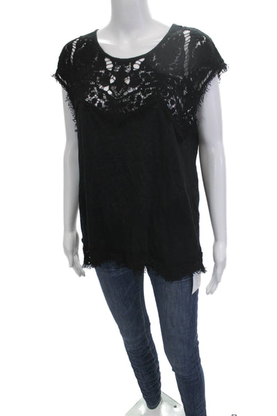Generation Love Women Black Bohemian Short Sleeve Blouse Round Neck Size L